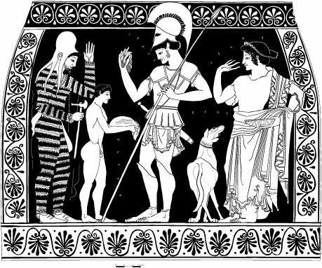 Изображение на амфоре (500-510 г. до н.э.). Греческий гоплит надевает броню в окружении скифских воинов.